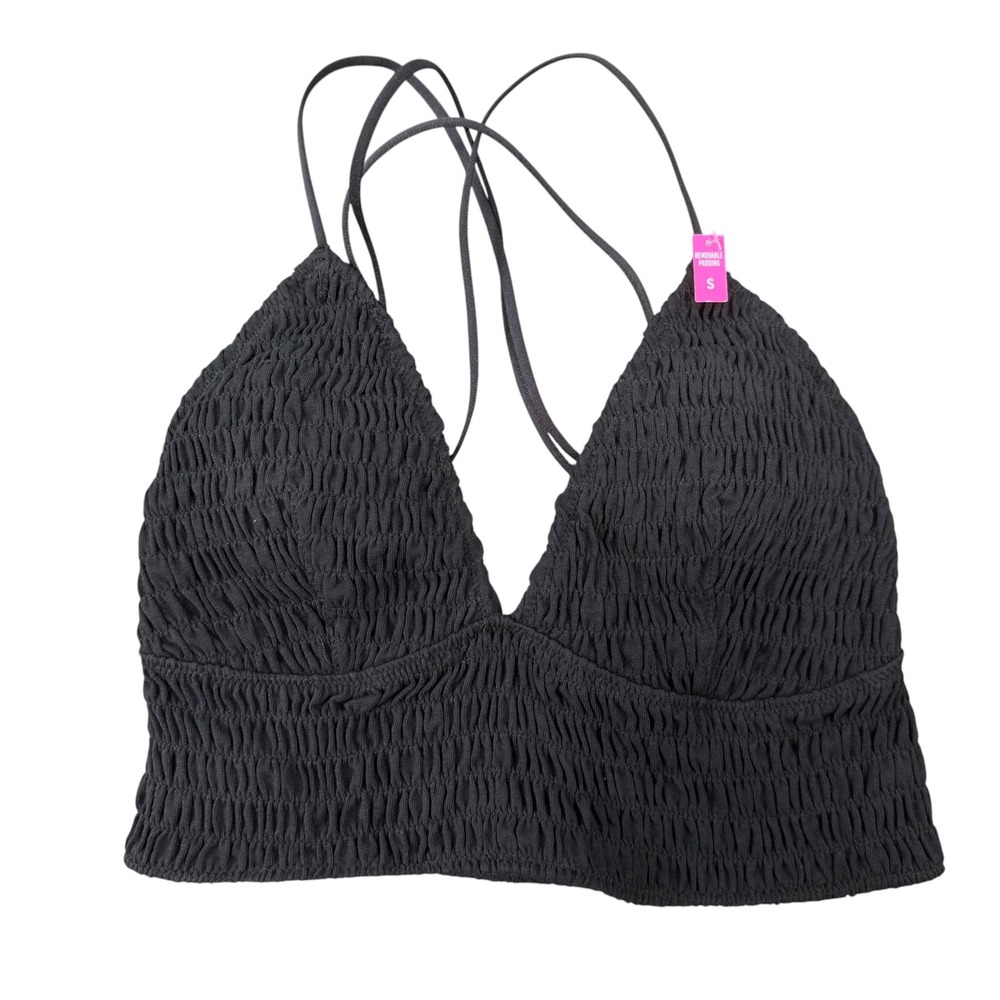 PINK Victoria's Secret Womens Smocked V-Neck Black Strappy Bralette Size S